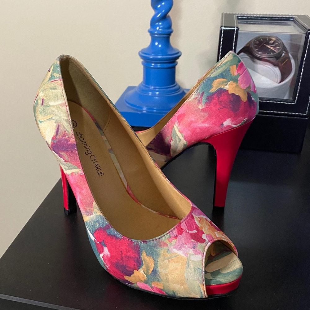 Charming Charlie Pink Floral Peep Toe Pumps